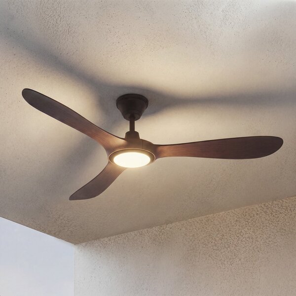 Lucande Ventilator de tavan pentru exterior cu LED-uri Winrod, lemn culoare, reglabil, Lemn, Plastic, Modern