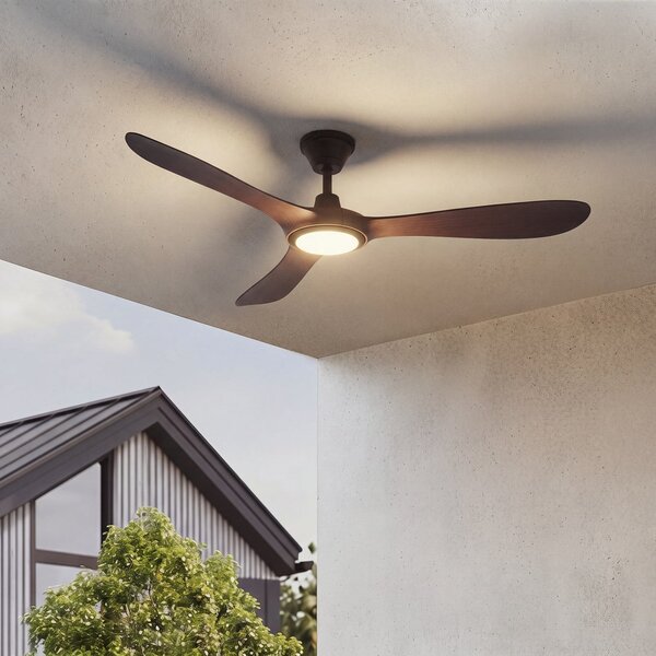 Lucande Ventilator de tavan pentru exterior cu LED-uri Winrod, lemn culoare, reglabil, Lemn, Plastic, Modern