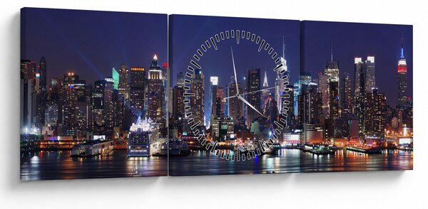 Tablou - Zgârie-nori din New York iluminate (cu ceas) (90x30 cm)