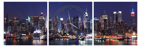 Tablou - Zgârie-nori din New York iluminate (cu ceas) (90x30 cm)