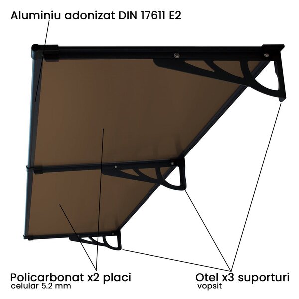 Copertina Usa / Geam MAX PRO 200x80 cm, Policarbonat 5.2 mm, Margini din Aluminiu, Suporturi din Otel Vopsit, Negru/Bronz