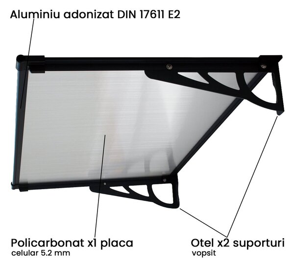 Copertina Usa / Geam MAX PRO 120x80 cm, Policarbonat 5.2 mm, Margini din Aluminiu, Suporturi din Otel Vopsit, Negru/Transparent