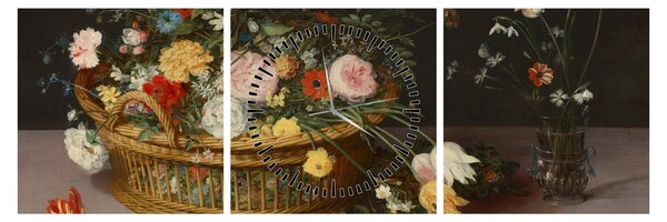Tablou - Jan Brueghel the Elder, Flowers in a Basket and a Vase, reproducere (cu ceas) (90x30 cm)