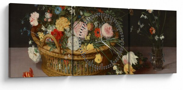 Tablou - Jan Brueghel the Elder, Flowers in a Basket and a Vase, reproducere (cu ceas) (90x30 cm)