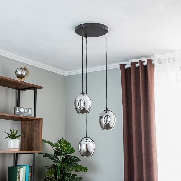 EMIBIG LIGHTING Lampă suspendată Starla, sticlă grafit, rotundă cu 3 becuri, reglabil, Negru, Camera de zi / sufragerie, Sticlă, Modern