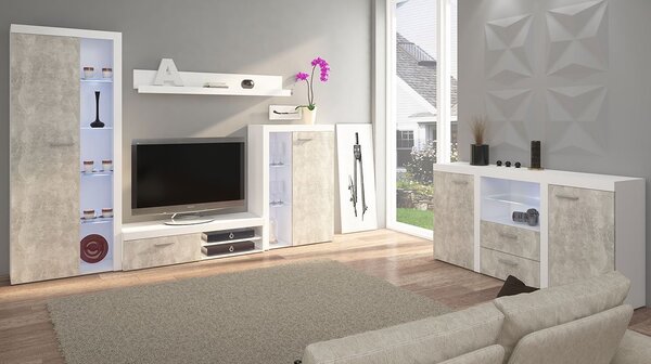 Mobilier living Rokara Mirjan cu comodă (Alb + beton deschis) (fără iluminat). 1058256