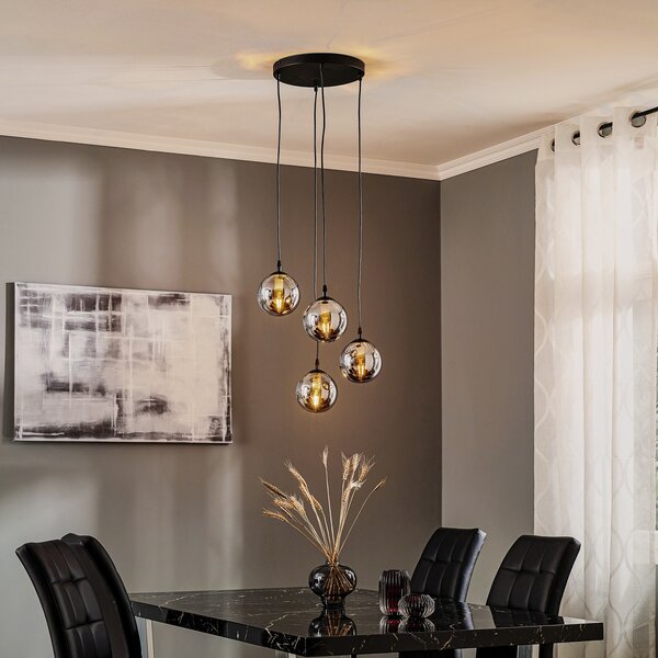 EMIBIG LIGHTING Lampă suspendată Glassy, 4 becuri, negru, grafit, sticlă, E14, reglabil, Negru, Camera de zi / sufragerie, Sticlă, Modern