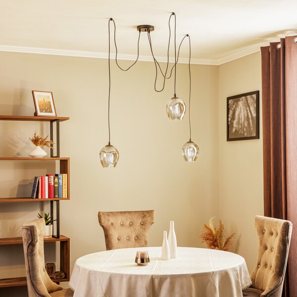 EMIBIG LIGHTING Lampă suspendată Starla, sticlă grafit, 3 becuri descentrate, reglabil, Negru, Camera de zi / sufragerie, Sticlă, Modern