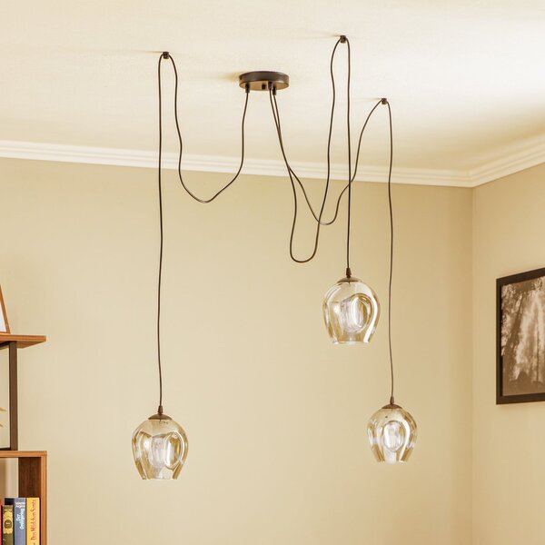 EMIBIG LIGHTING Lampă suspendată Starla, sticlă grafit, 3 becuri descentrate, reglabil, Negru, Camera de zi / sufragerie, Sticlă, Modern