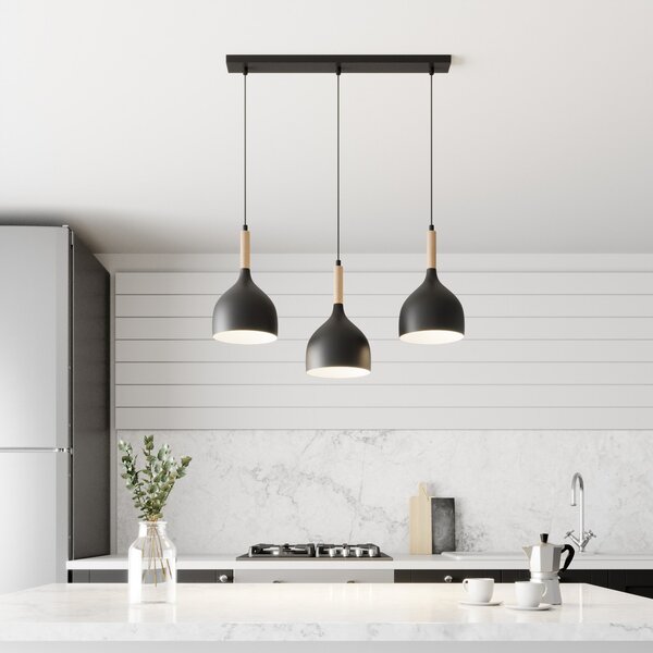 Luminex Lampă suspendată Noak cu 3 flăcări lungă negru/lemn natural, reglabil, Negru, Camera de zi / sufragerie, Metal, Modern