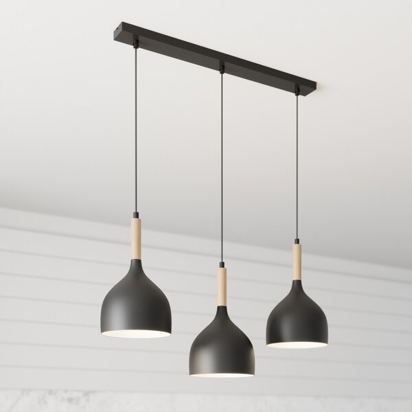 Luminex Lampă suspendată Noak cu 3 flăcări lungă negru/lemn natural, reglabil, Negru, Camera de zi / sufragerie, Metal, Modern