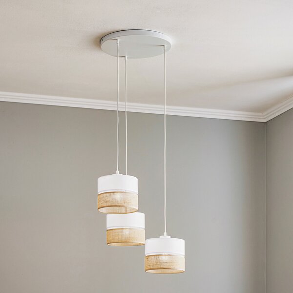 TK Lighting Lampă suspendată Linobianco, rotundă, cu 3 becuri, reglabil, Alb, Camera de zi / sufragerie, Țesătură / Textil, Modern