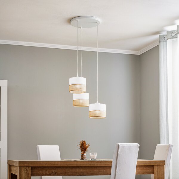 TK Lighting Lampă suspendată Linobianco, rotundă, cu 3 becuri, reglabil, Alb, Camera de zi / sufragerie, Țesătură / Textil, Modern
