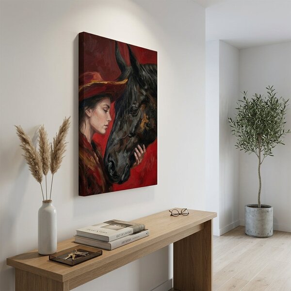 Moderný obraz ženy s koňom na plátne - 40x60 cm