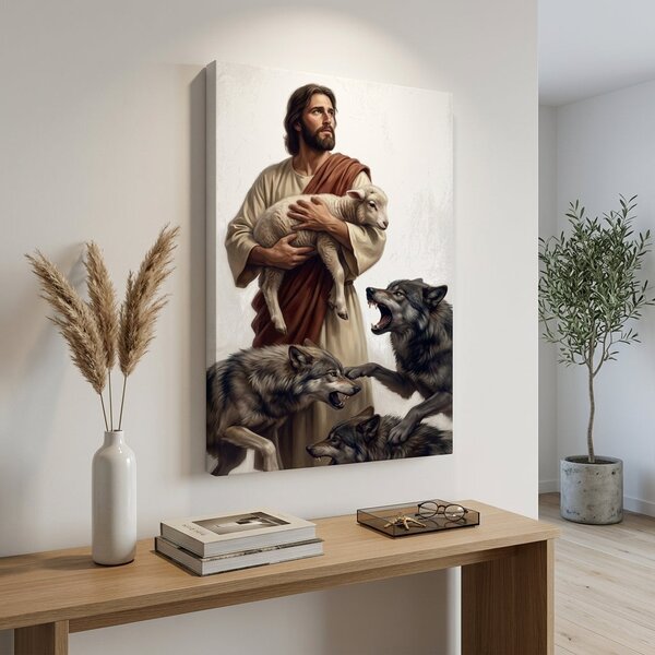 Moderný obraz Ježiš Kristus chrániaci jahniatko pred vlkmi na plátne - 40x60 cm
