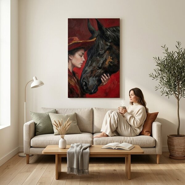 Moderný obraz ženy s koňom na plátne - 40x60 cm