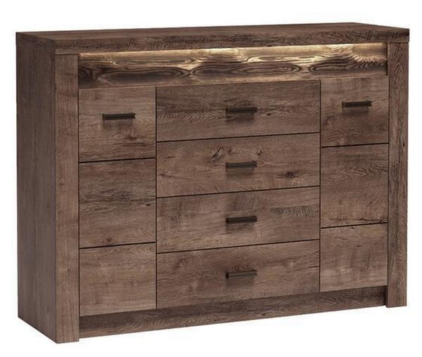 Comoda INDIANAPOLIS I7, frasin inchis, PAL laminat, cu 4 sertare, 2 usi si iluminare led, 137x42x103.5 cm