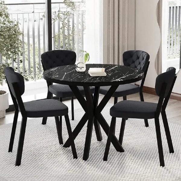 Masa de bucatarie rotunda din MDF, marmorat negru, Homs 80x80x75 cm