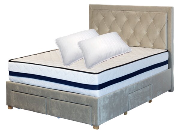 Set Saltea ortopedica, Iris Super Lux Comfort, 140x190x26cm, fermitate tare, cu plasa de arcuri tip Bonell, sistem de aerisire banda Spaceair, Saltsib plus 2 perne matlasate microfibra 50x70cm, lavabile la 60°C