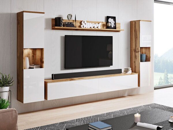 Mobilier living Nova XL (Stejar wotan + Alb lucios) (Iluminat LED alb). 1060057