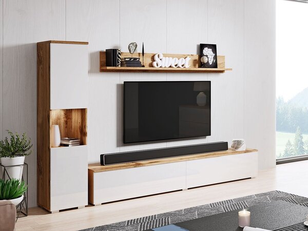 Mobilier living Nova BR (Stejar wotan + Alb lucios) (Iluminat LED alb). 1060053