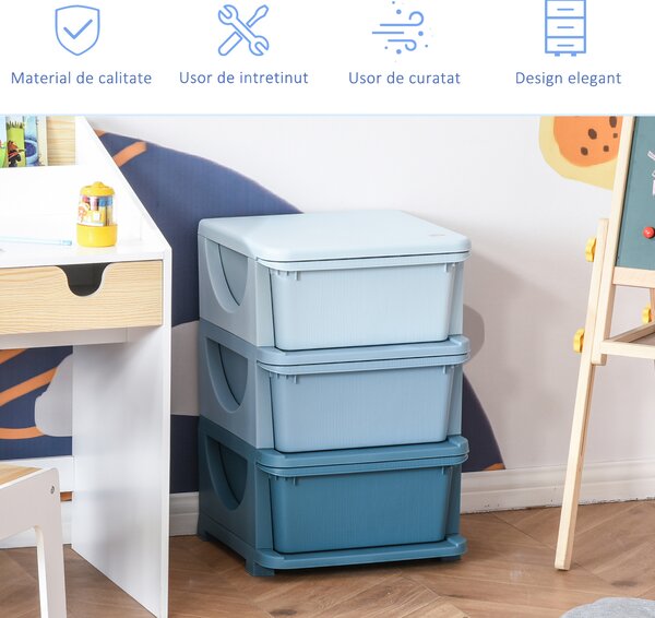 HomCom dulap cu 3 sertare din plastic, ideal pentru depozitarea jucăriilor copiilor, 37x37x56.5 cm, capacitate 10 kg/sertar | Aosom Romania