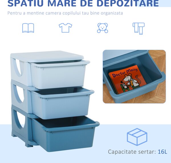 HomCom dulap cu 3 sertare din plastic, ideal pentru depozitarea jucăriilor copiilor, 37x37x56.5 cm, capacitate 10 kg/sertar | Aosom Romania
