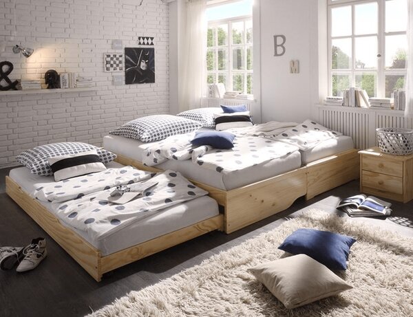 KONDELA Pat cu module suplimentare extensibile, culoare naturală, lemn masiv, 90x200, FLOPY