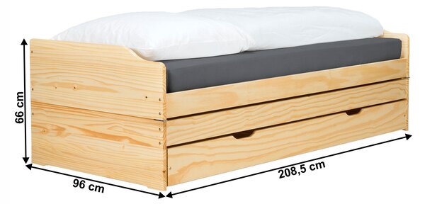 KONDELA Pat cu module suplimentare extensibile, culoare naturală, lemn masiv, 90x200, FLOPY