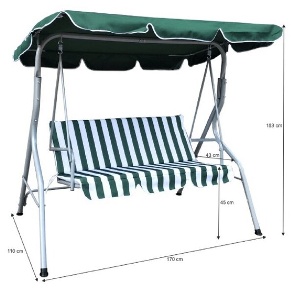 Balansoar de gradina, acoperis reglabil, 3 locuri, 170x110x153 cm, cadru metal, material textil