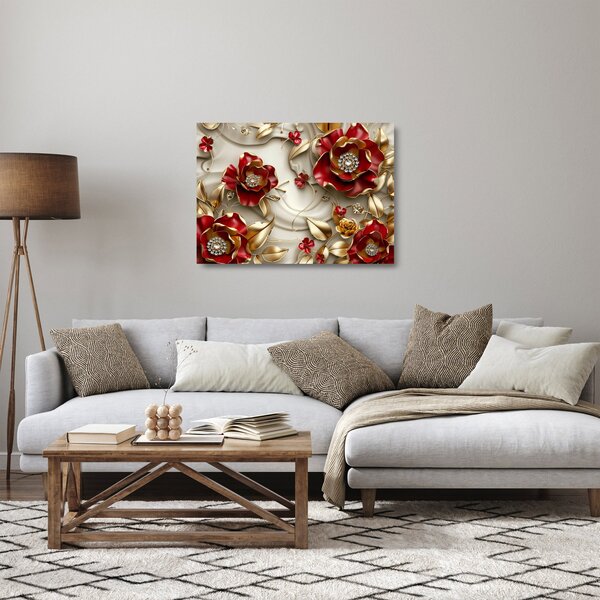 Tablou pe sticlă - Flori 3D Roșu-Auriu (70x50 cm)