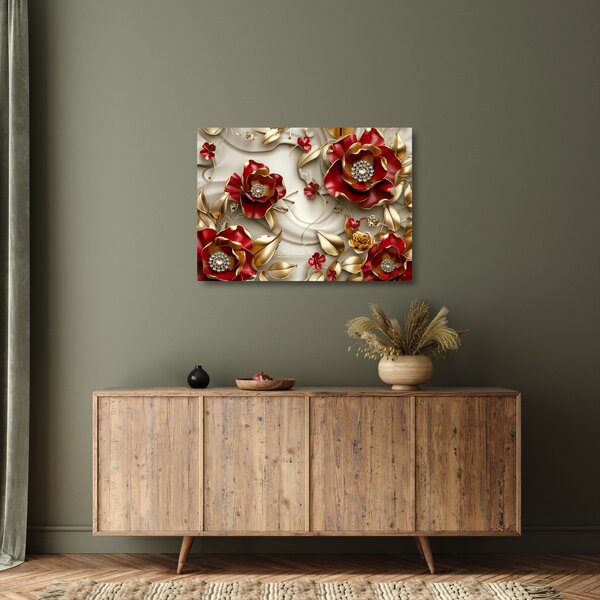 Tablou pe sticlă - Flori 3D Roșu-Auriu (70x50 cm)