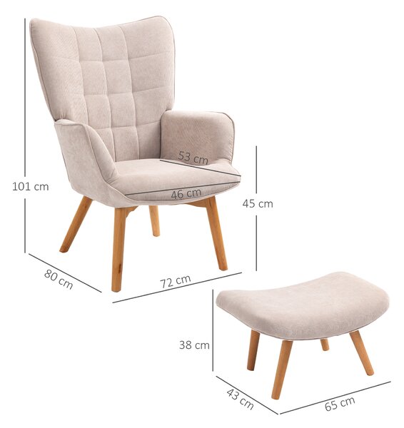 HOMCOM Fotoliu cu Taburet pentru Cameră sau Living din Catifea cu Model Crestat , Spătar Înalt și Brațe, 72x80x101 cm, Bej | Aosom Romania