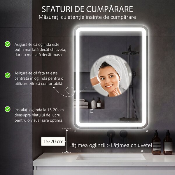 Kleankin Oglinda pentru baie cu lumini LED, 70 x 50 cm | Aosom Romania