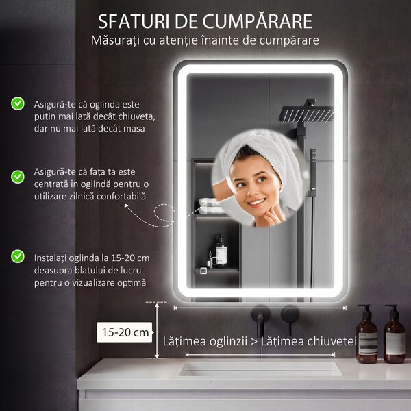 Kleankin Oglinda pentru Baie cu Lumini LED, 70x 4 x 100cm, Argintiu | Aosom Romania