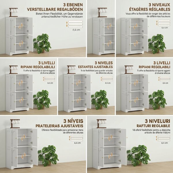 HOMCOM Comodă Bucătărie, Dulap Bucătărie cu 2 Dulapuri, 4 Uși Arcuite, 2 Rafturi Reglabile, cu Dispozitiv Anti-Răsturnare, 60x30x110 cm, pentru Sala de Masă, Living, Alb | Aosom Romania