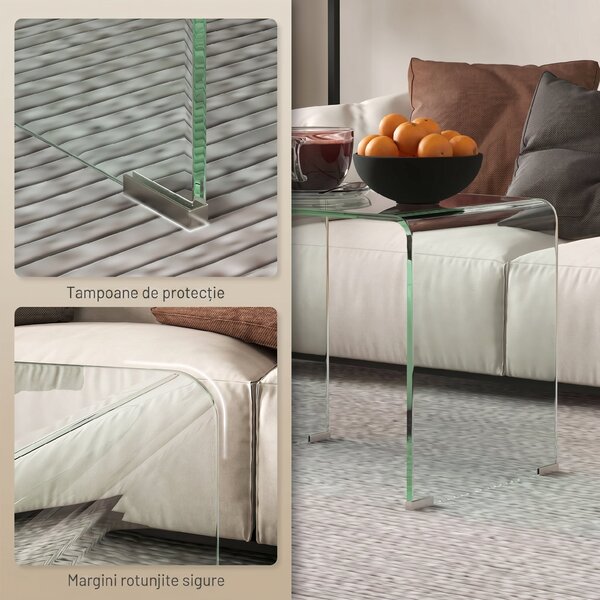HOMCOM Măsuță de Cafea Modernă cu Picioare Antiderapante, Măsuță din Sticlă Securizată, 50x40x45 cm, Transparentă, Design Elegant | Aosom Romania