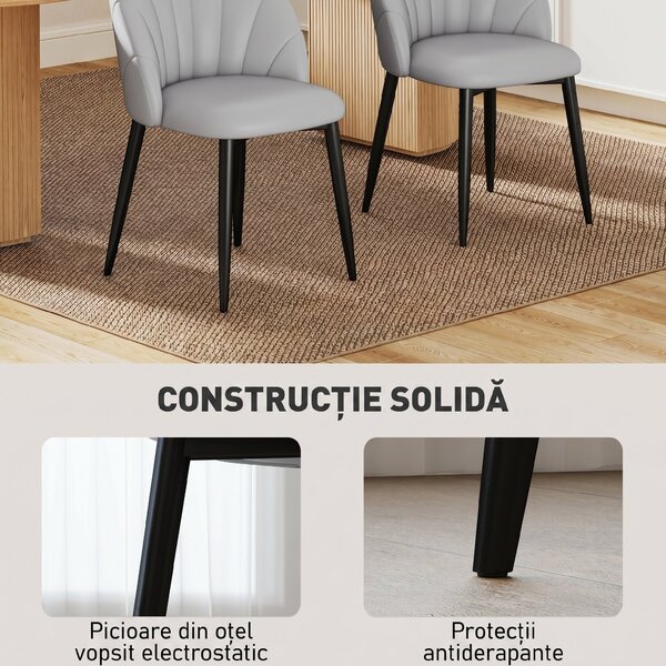 HOMCOM Set 2 Scaune din Piele Ecologică cu Picioare din Oțel și Spătar în Formă, 52x54x79 cm, Gri Deschis | Aosom Romania