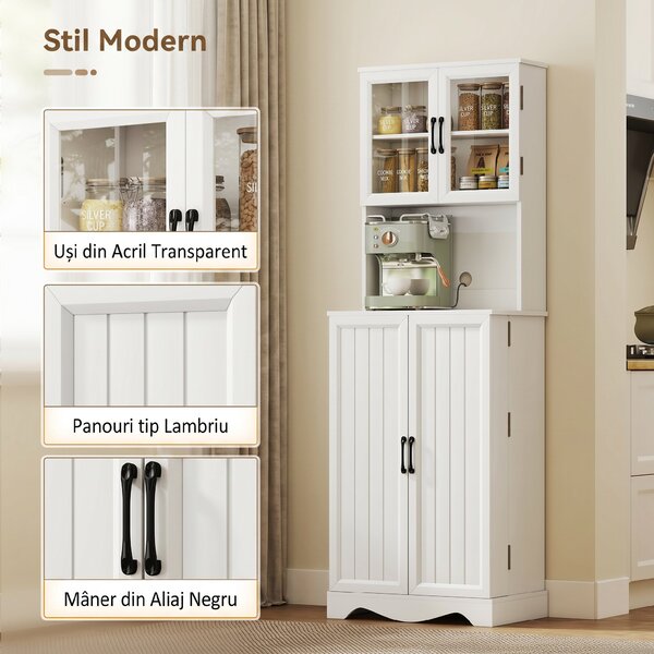 HOMCOM Mobilă de Depozitare pentru Bucătărie cu 2 Dulapuri și 8 Rafturi, din Lemn și Acrilic, 60x39.5x179.6 cm, Alb | Aosom Romania