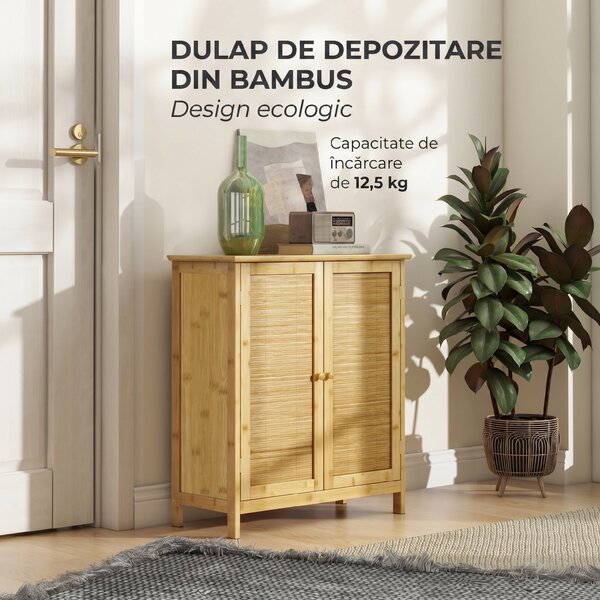 HOMCOM Comodă în Stil Boho din Rattan și Bambus, Dulap cu 2 Uși și Raft Interior, 60x27x67.5 cm, Lemn Natural | Aosom Romania