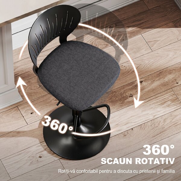 Set HOMCOM de 2 Scaune de Bar Reglabile, Scaune de Bucătărie Înalte din Țesătură Tip In cu Spătar, Suport pentru Picioare și Scaun Moale, Structură din Metal, Scaune de Bar Rotative la 360°, Negru | Aosom Romania