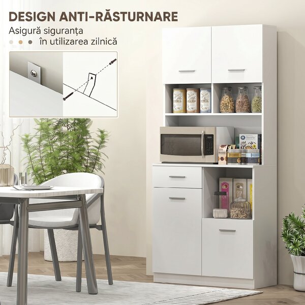 HOMCOM Dulap Înalt pentru Bucătărie cu Sertar, 4 Dulapuri și 3 Spații Deschise, 80x35x180 cm, Alb | Aosom Romania