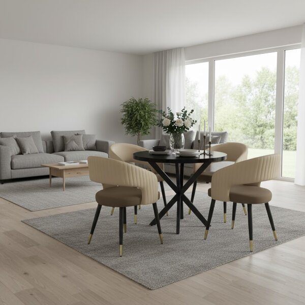 Masă fixă Rotundă Tania X Negru cu 4 Scaune Piele Sintetică Monaco Maro Crem