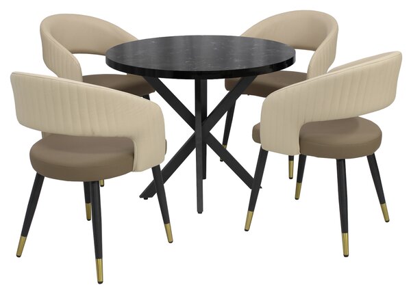 Masă fixă Rotundă Tania X Negru cu 4 Scaune Piele Sintetică Monaco Maro Crem