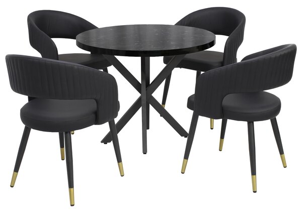Masă fixă Rotundă Tania X Negru cu 4 Scaune Piele Sintetică Monaco Negru