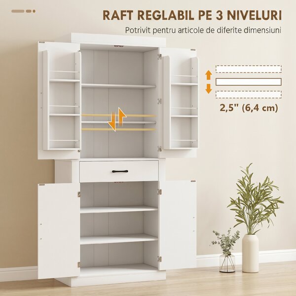 HOMCOM Dulap de bucătărie în stil country cu 2 dulapuri, 6 rafturi și un sertar, din lemn, 76x39,5x183,5 cm, alb | Aosom Romania