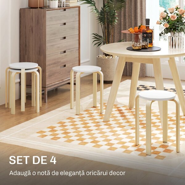 HOMCOM Set de Scaune Stivuibile pentru 4 Persoane, Scaune Moderne de Stivuire, Scaune Rotunde fără Spate, 40x40x45 cm, Lemn Natural | Aosom Romania