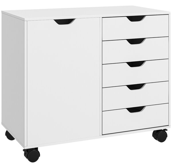 HOMCOM Dulap Lateral cu 5 Sertare, Dulap cu Raft Reglabil, Mobilier pentru Birou pe Roți, Suport pentru Imprimantă pentru Biroul de Acasă, Alb | Aosom Romania