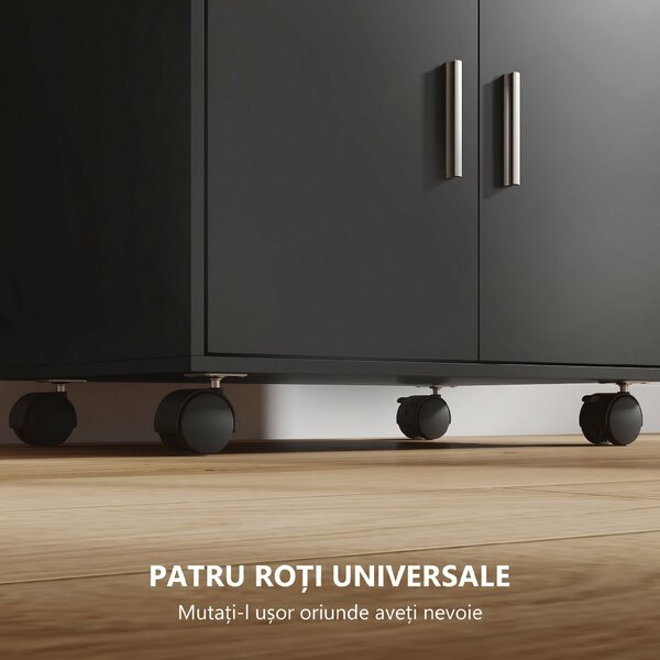 HOMCOM Dulap pentru Cuptorul cu Microunde cu Roți, Bufet de Bucătărie cu Sertar, Blat pentru Aparate, Dulap cu 2 Uși, Raft Retractabil și Raft Deschis, Cărucior de Bucătărie pentru Sufragerie, 59x40x92cm, Negru | Aosom Romania