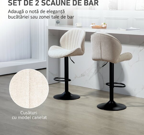 HOMCOM Set de 2 Scaune de Bar cu Suport pentru Picioare, din Țesătură cu Efect de Cinilie, 48x50x94-115 cm, Negru și Bej | Aosom Romania